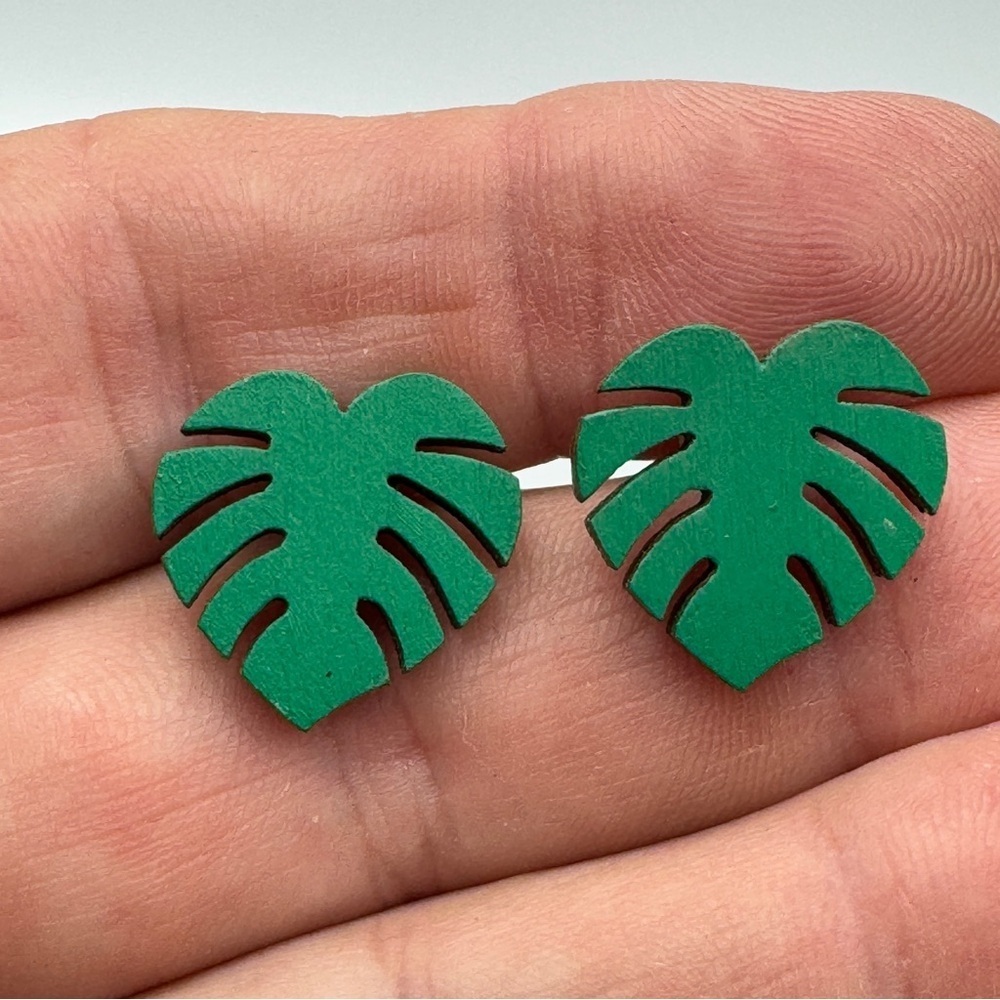 Green Monstera Leaf Wood Stud Earrings